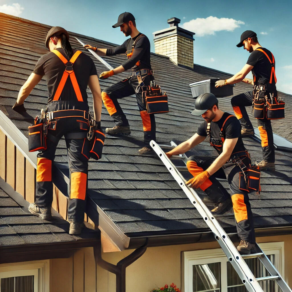 Roofing professionals working on a residential roof. Roofing professionals working on a residential roof.