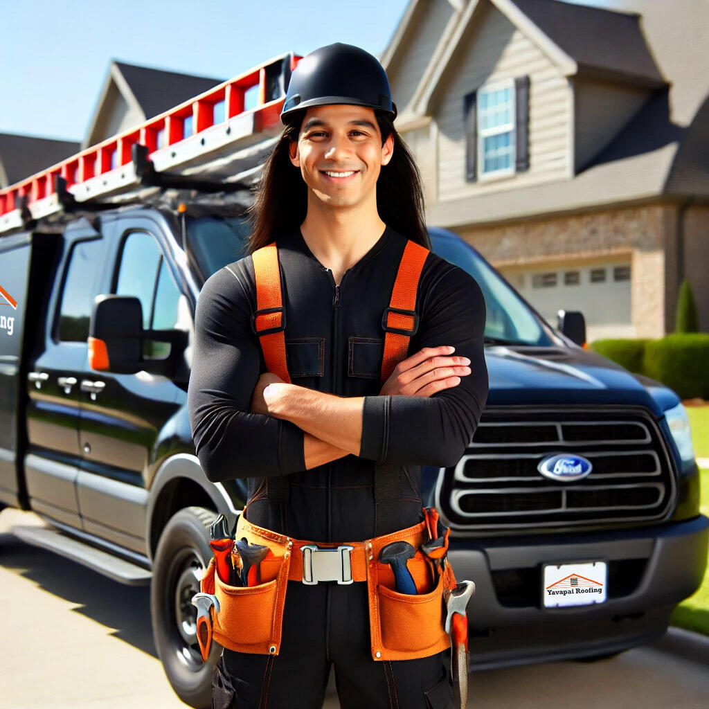 Smiling roofing professional standing in front of a work truck. Smiling roofing professional standing in front of a work truck.