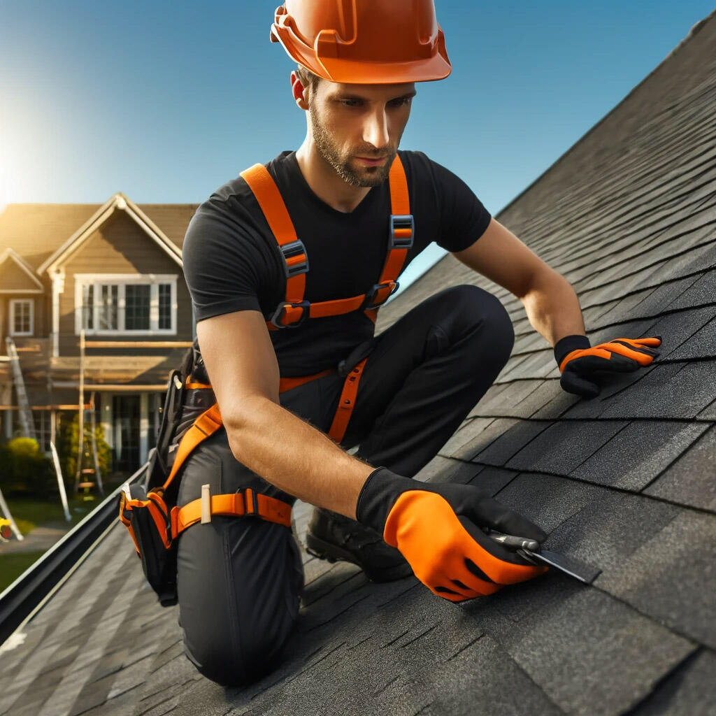 Roofing professional inspecting a residential roof. Roofing professional inspecting a residential roof.